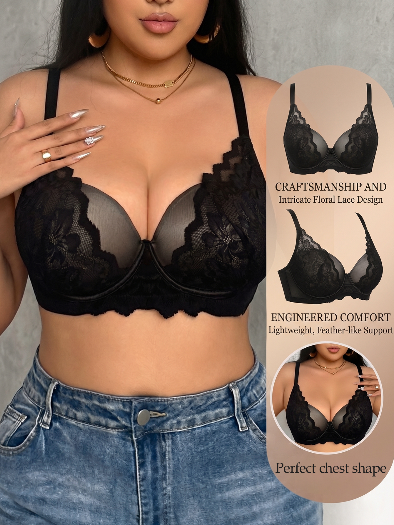 Wide Strap Plus Size Women Bra - Plunge Bra Push Up avis et prix