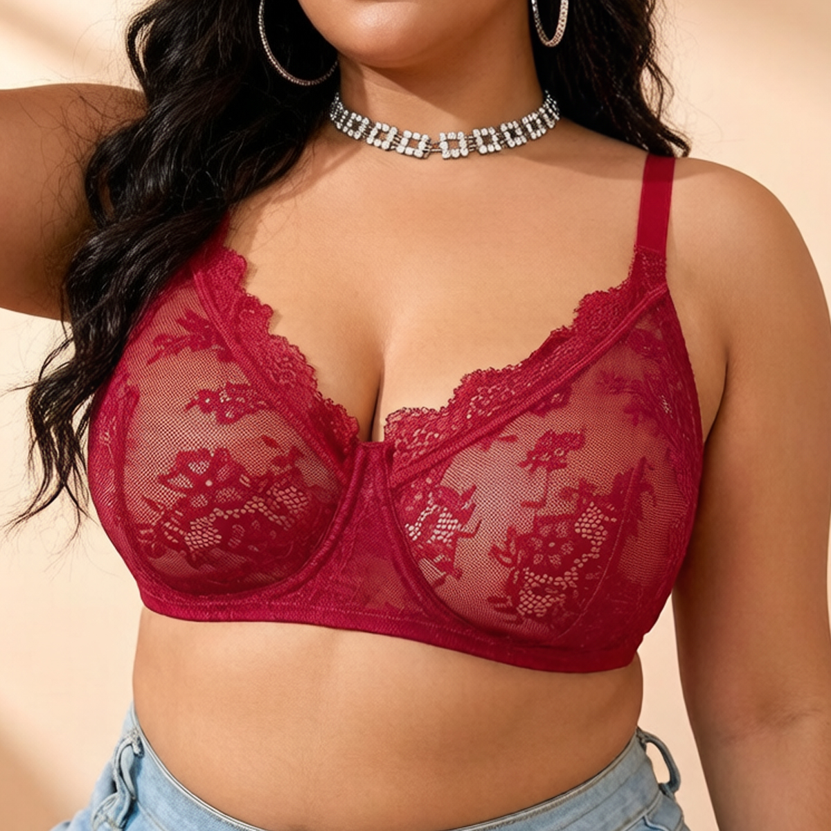 Women Plus Size Red Lace Sheer - Full Coverage Bra avis et prix