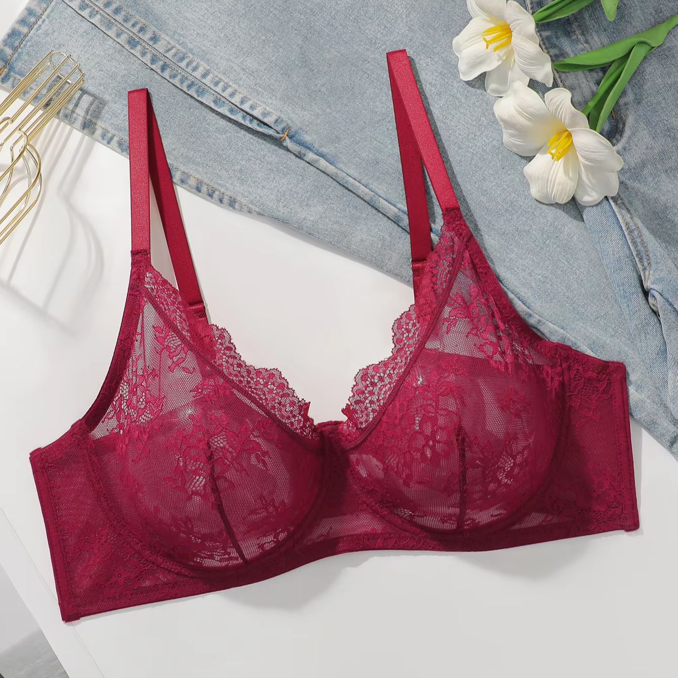 Women Plus Size Red Lace Sheer - Full Coverage Bra avis et prix