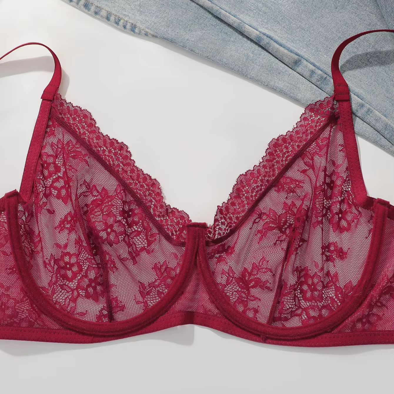 Women Plus Size Red Lace Sheer - Full Coverage Bra avis et prix