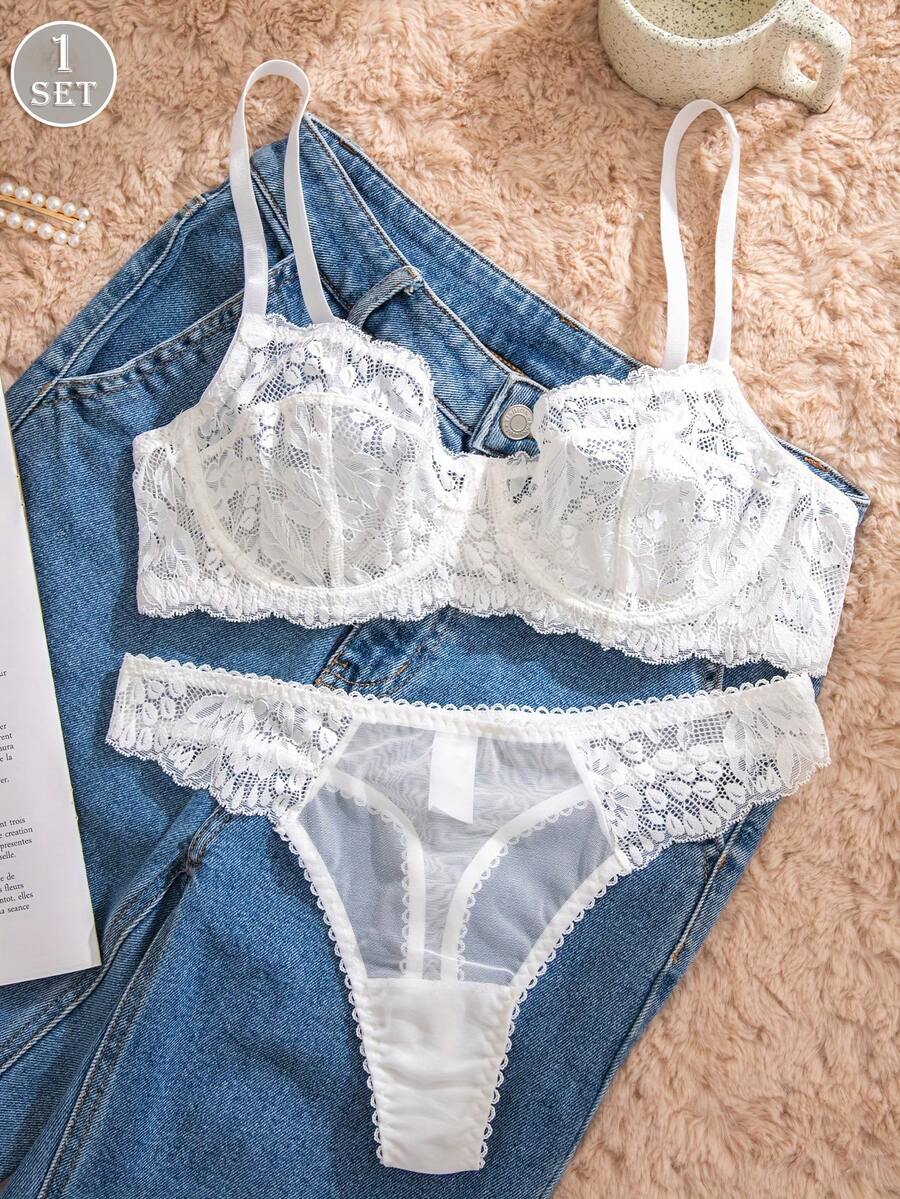 White Lace Bra and Panty Set w - Sheer Mesh Bra avis et prix