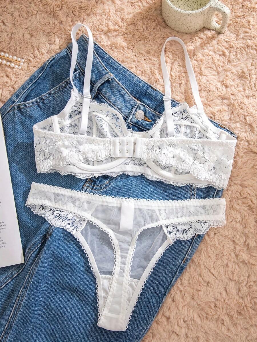 White Lace Bra and Panty Set w - Sheer Mesh Bra avis et prix