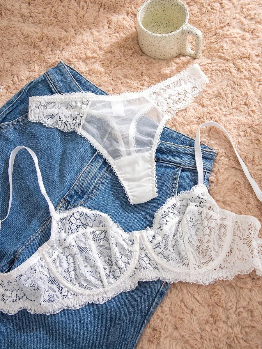 White Lace Bra and Panty Set w - Sheer Mesh Bra avis et prix