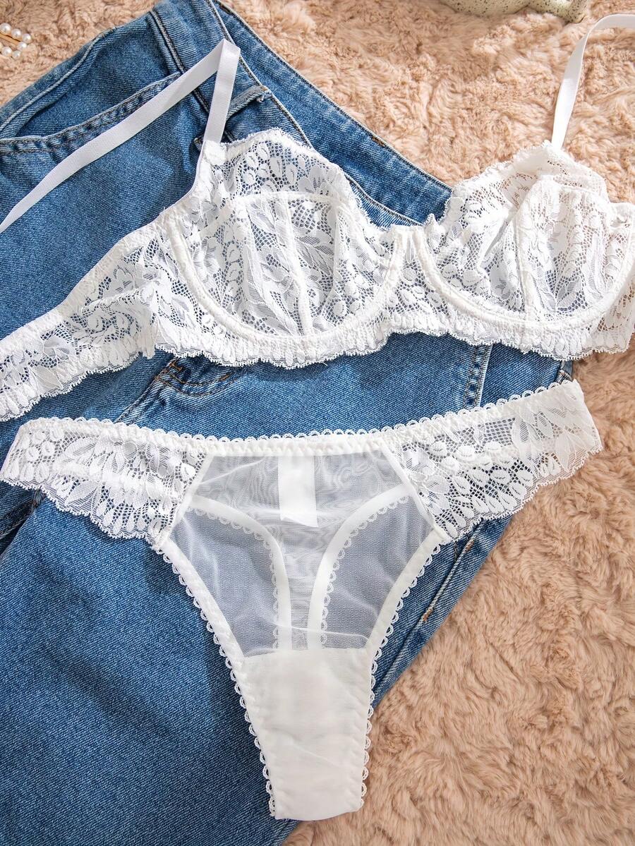 White Lace Bra and Panty Set w - Sheer Mesh Bra avis et prix