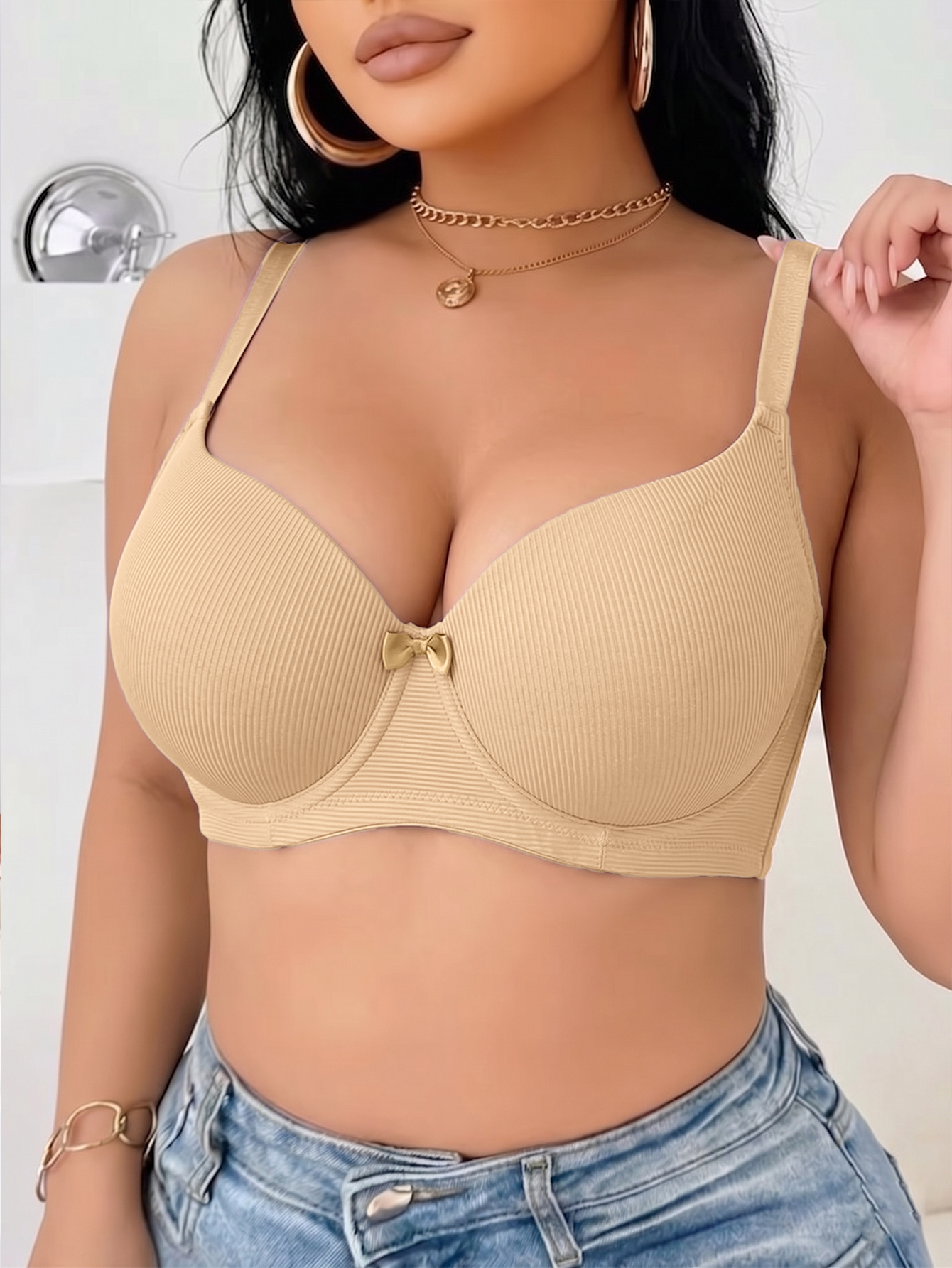 Plus Size Ribbed Women Bra Thi - Plunge Bra Push Up avis et prix